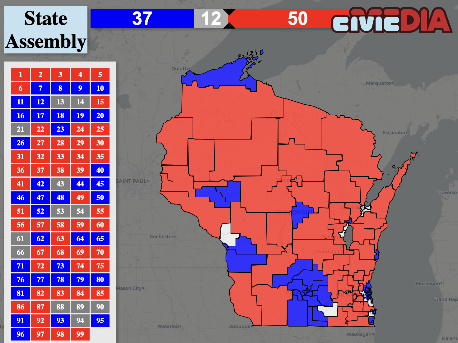 With the caveat that many of the still-uncalled races will break blue once various Central Count results drop (13, 14, 66, 90 most likely for Dems), here's where I have the Assembly map at the moment.